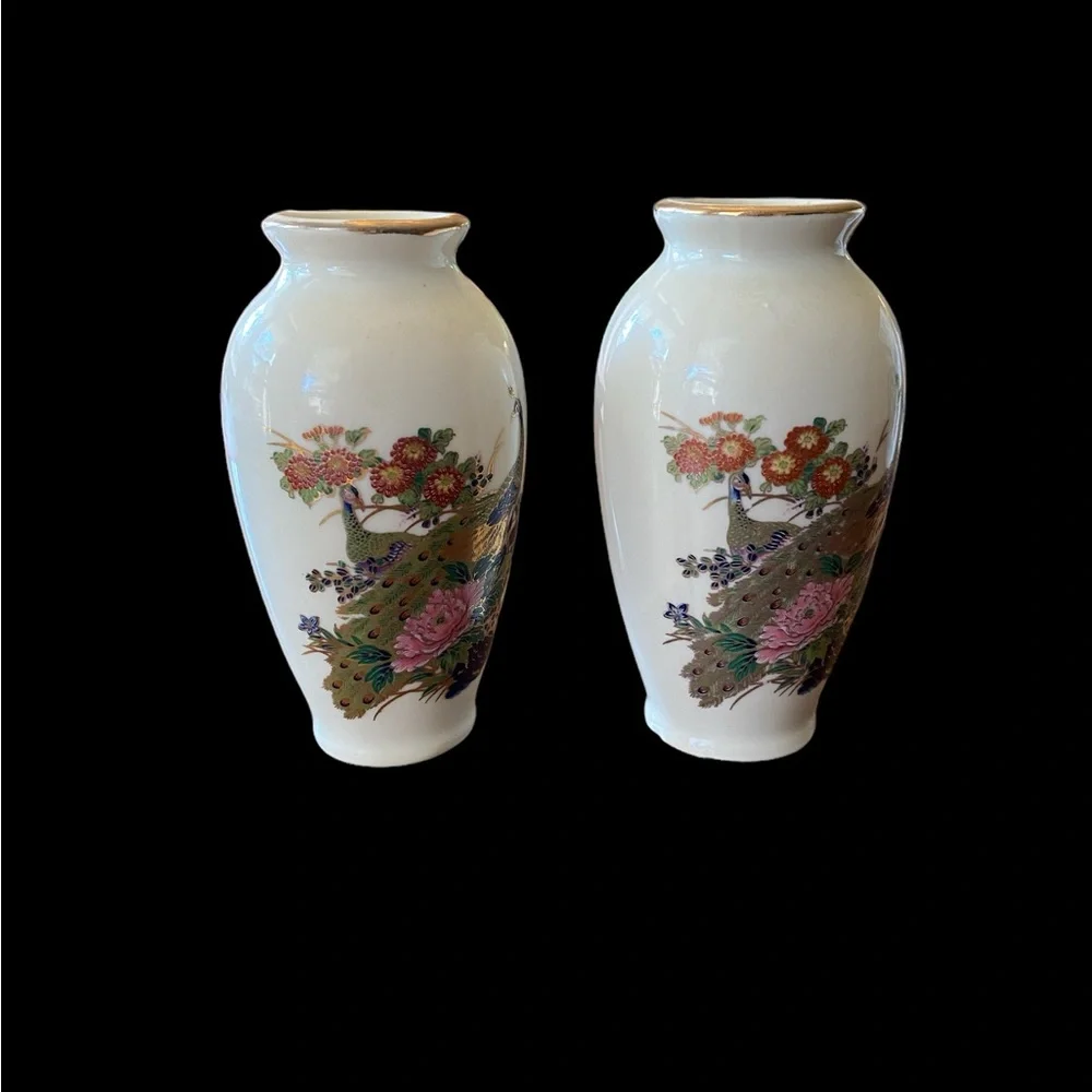 VTG Japanese Satsuma Style Mini Bud Vases 2 Peacock & Floral Ceramic Porcelain